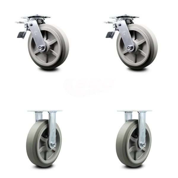 8 Inch Thermoplastic Rubber Caster Set with Roller Bearings 2 Brakes 2 Rigid SCC
